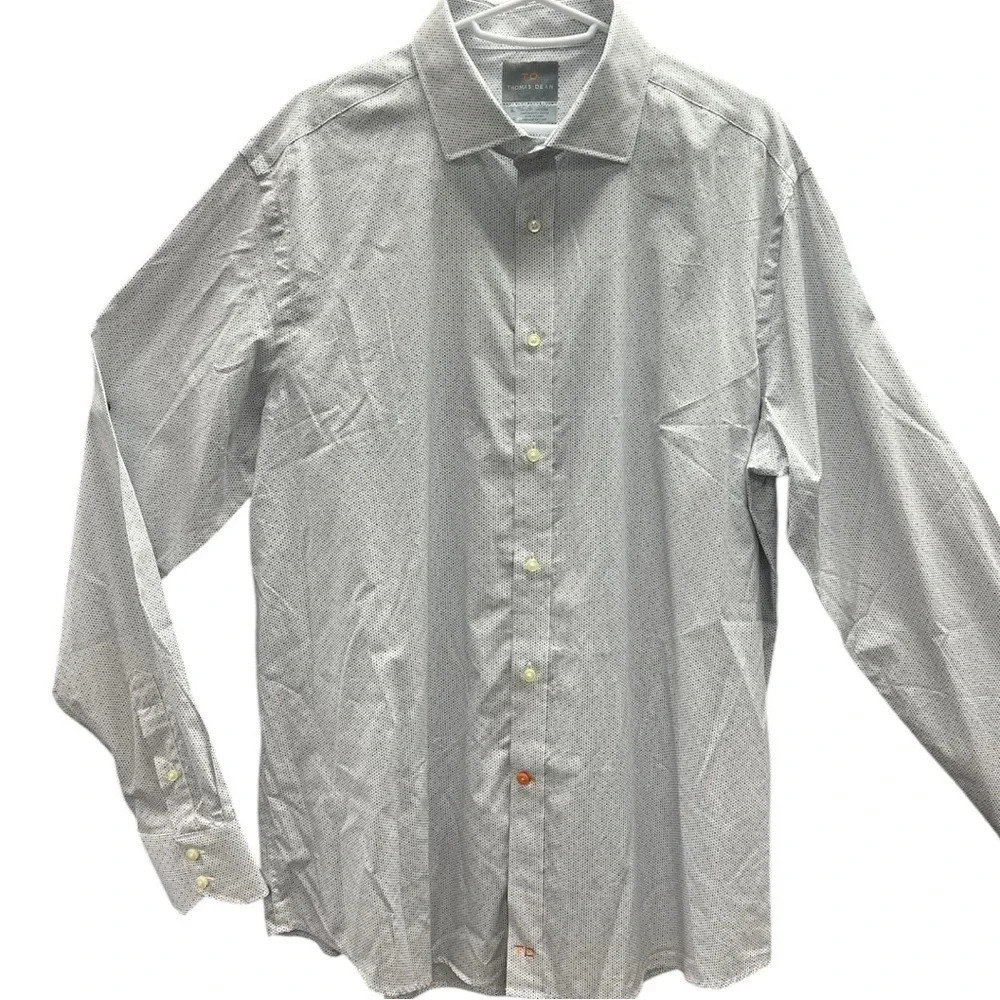 Thomas Dean Print Button Down White Grey Blue Dress Shirt Long Sleeve Mens - Picture 6 of 9